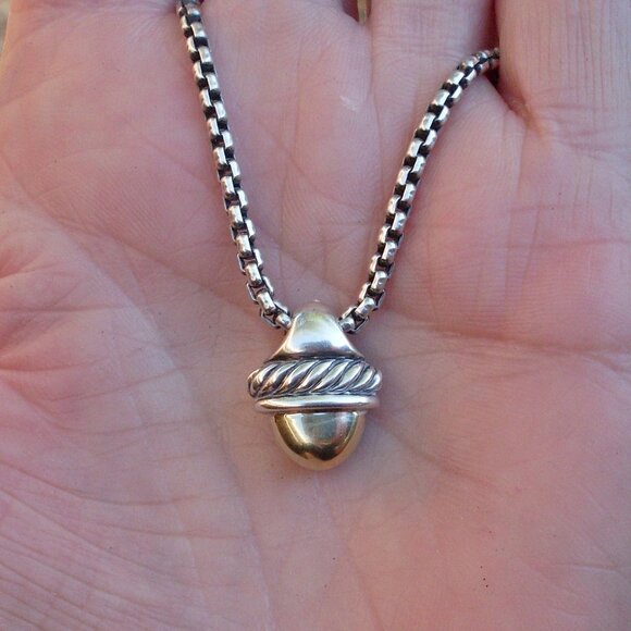 Retired David Yurman Acorn Gold Dome Pendant - 14K/925 - DY Chain - Gift Boxed - Picture 1 of 11